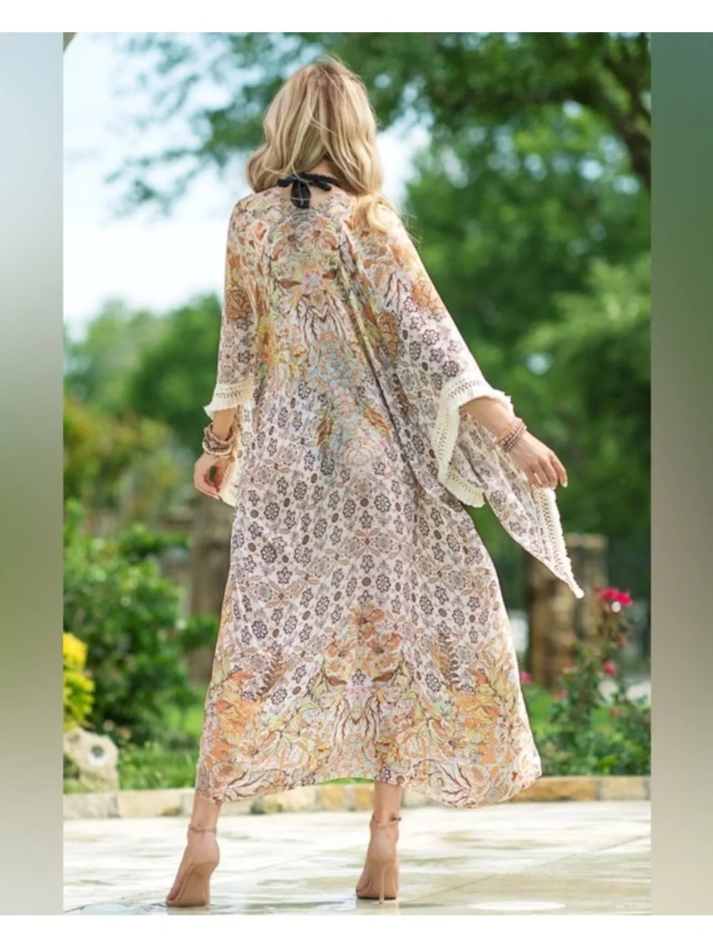 Women's Floral with Crochet Fringe and Angel Sleeves Duster Kimono Coverup OS - Picture 2 of 9